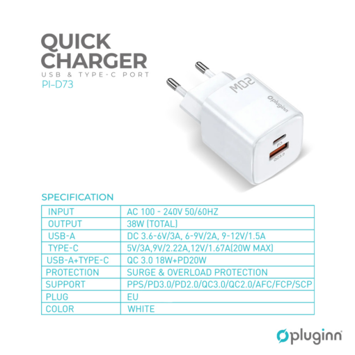 Kucni punjac Pluginn PI-D73, QC3.0 PD3.0, PPS, USB-PD 18W+20W, 38W (total) sa PD Type C kablom beli CE - Image 2