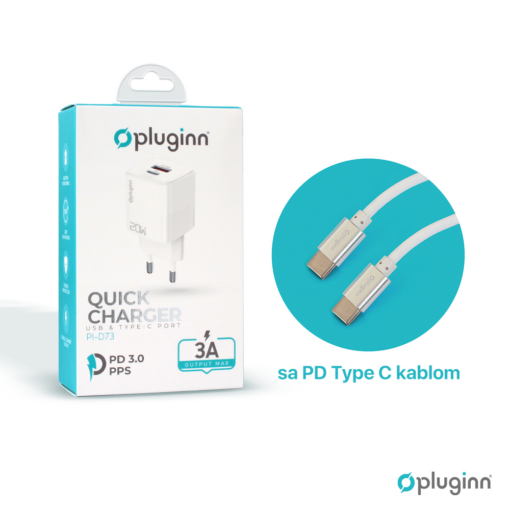 Kucni punjac Pluginn PI-D73, QC3.0 PD3.0, PPS, USB-PD 18W+20W, 38W (total) sa PD Type C kablom beli CE - Image 3