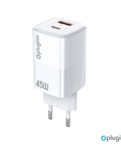 Kucni punjac Pluginn PI-D74-45w, GaN, QC3.0, PD3.0, PPS, USB 19W, PD 45W sa PD iPhone lightning kablom beli CE
