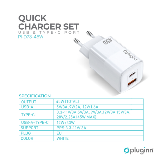 Kucni punjac Pluginn PI-D74-45w, GaN, QC3.0, PD3.0, PPS, USB 19W, PD 45W sa PD Type C kablom beli CE - Image 2