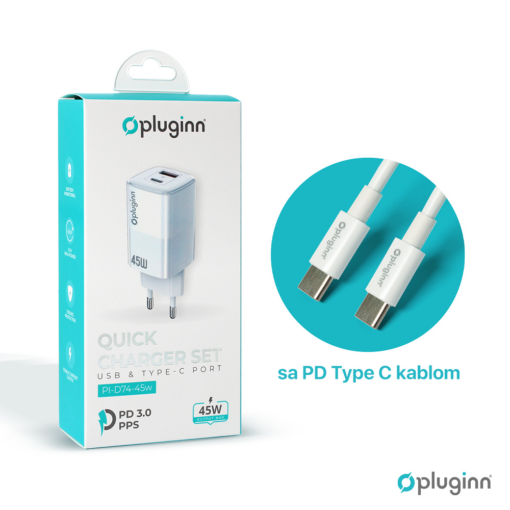 Kucni punjac Pluginn PI-D74-45w, GaN, QC3.0, PD3.0, PPS, USB 19W, PD 45W sa PD Type C kablom beli CE - Image 3