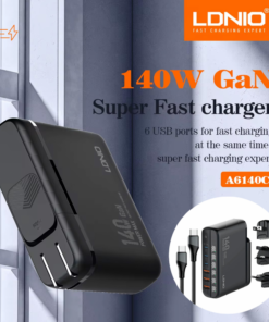 Kucni punjac sa adapterima LDNIO A6140C GaN PPS 3xQC3.0 (30W), 3xPD3.0 (100W), 140W Max, a Type C na Type C kablom crni