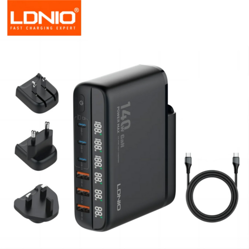 Kucni punjac sa adapterima LDNIO A6140C GaN PPS 3xQC3.0 (30W), 3xPD3.0 (100W), 140W Max, a Type C na Type C kablom crni - Image 2