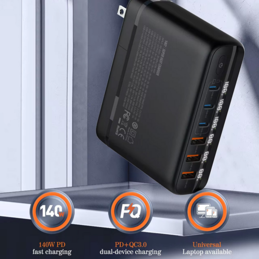 Kucni punjac sa adapterima LDNIO A6140C GaN PPS 3xQC3.0 (30W), 3xPD3.0 (100W), 140W Max, a Type C na Type C kablom crni - Image 4
