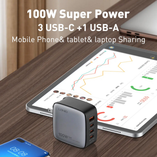 Kucni punjac sa adapterima LDNIO Q408 GaN PPS QC3.0 (30W), 3xPD3.0 (100W), 100W Max, sa Type C na Type C kablom beli - Image 5