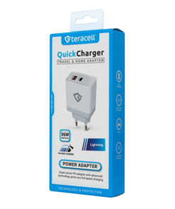 Kucni punjac Teracell Evolution TC-04, QC PD, USB-PD 18W+18W, 36W (total) sa lightning kablom beli CE