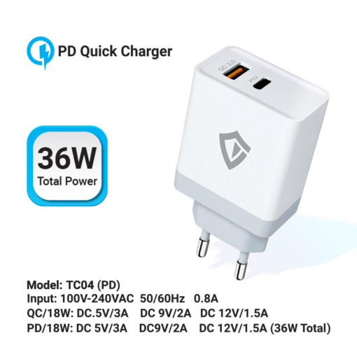 Kucni punjac Teracell Evolution TC-04, QC PD, USB-PD 18W+18W, 36W (total) sa Type C kablom beli CE - Image 2