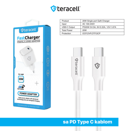 Kucni punjac Teracell Evolution TC-14GP, GaN, PD 3.0, 20W sa PD Type c kablom beli CE - Image 4
