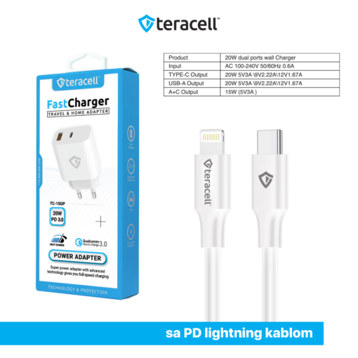 Kucni punjac Teracell Evolution TC-15GP, QC 3.0, PD 3.0, 20W sa PD iPhone lightning kablom beli CE - Image 4