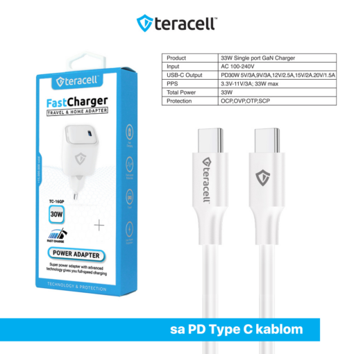 Kucni punjac Teracell Evolution TC-16GP, GaN, PD 3.0, 30W sa PD Type c kablom beli CE - Image 4