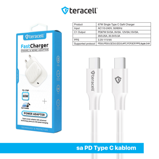 Kucni punjac Teracell Evolution TC-17GP, GaN, PPS, PD 3.0, 65W sa PD Type c kablom beli CE - Image 5