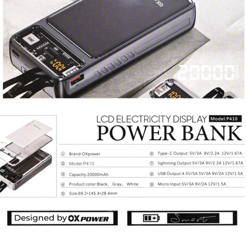 Power bank prenosiva baterija Oxpower P410 PD QC 22.5W 20000mAh crna - Image 5