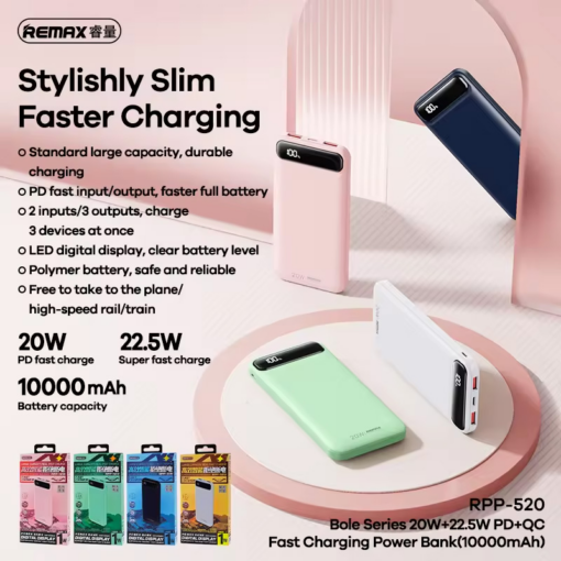 Power Bank REMAX Bole Series RPP-520 PD20W+QC22.5W Fast Charging 10000mAh pink - Image 2
