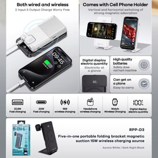 Power bank prenosiva baterija REMAX RPP-D3  20W+22.5W Fast Charging 10000mAh Magnetic 5u1 crni - Image 3