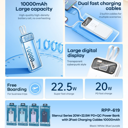 Power bank prenosiva baterija REMAX Stervui Series RPP-619 PD 20W+ QC 22.5W 10000mAh plavi - Image 3