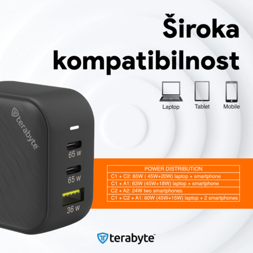 Punjac univerzalni Terabyte TR65W, GaN, PPS, PD 3.0, QC 3.0, 65W sa PD Type c kablom crni CE - Image 4
