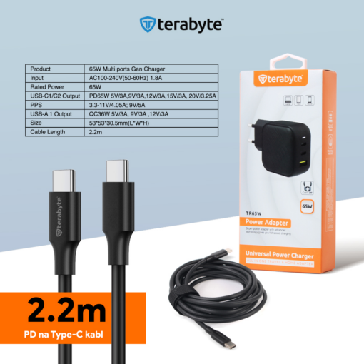 Punjac univerzalni Terabyte TR65W, GaN, PPS, PD 3.0, QC 3.0, 65W sa PD Type c kablom crni CE - Image 5