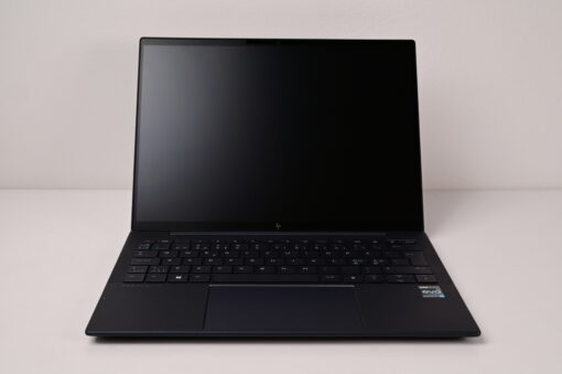 Front view of open HP Elite Dragonfly G3 with black screen